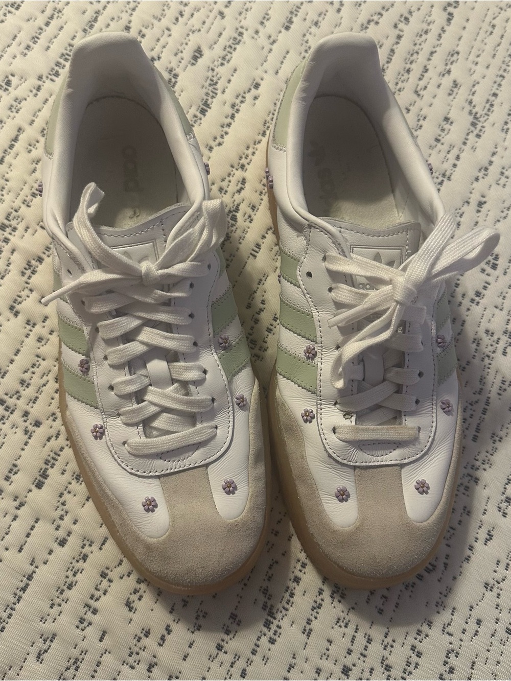 adidas White Sambas with Light Green Stripes and Purple Floral Dots